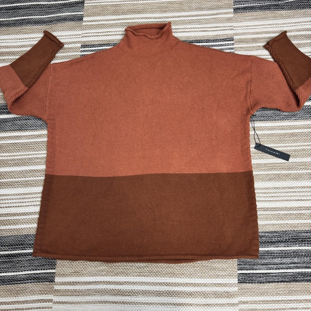 Tahari Sweater Women's 2X Brown Rust Colorblock Turtleneck Pullover Plus Size‎